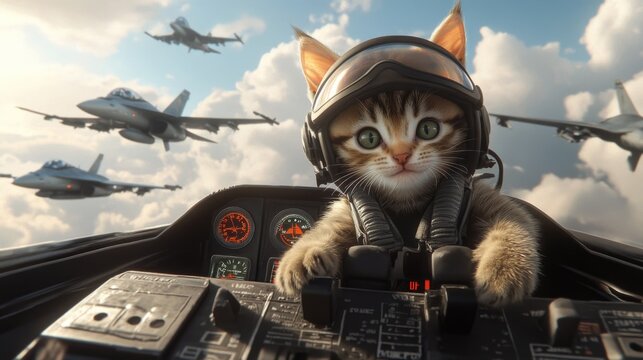 A charming pilot cat in aviator gear navigating a jet with several jets flying alongside, highlighting an engaging scene filled with action and cuteness in the sky.