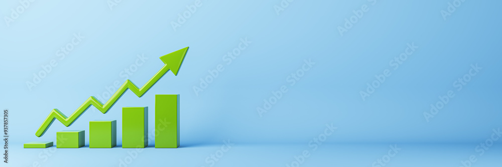 Aufkleber green bar chart with upward arrow on blue background. 3d rendering