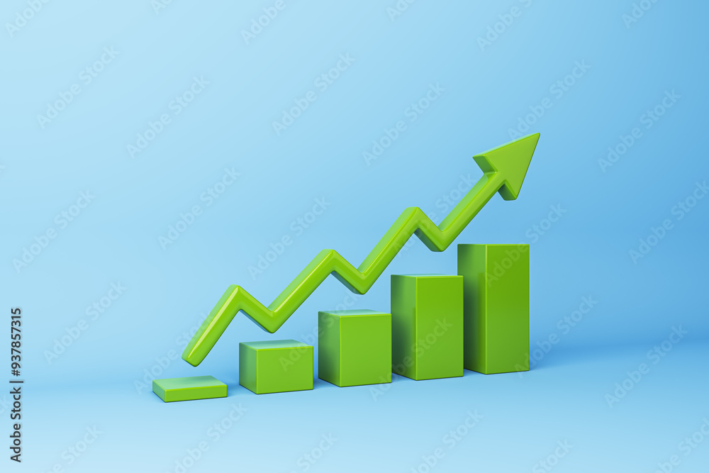 Poster green upward arrow and bar chart on a blue background, representing growth and upward trend. 3d rend