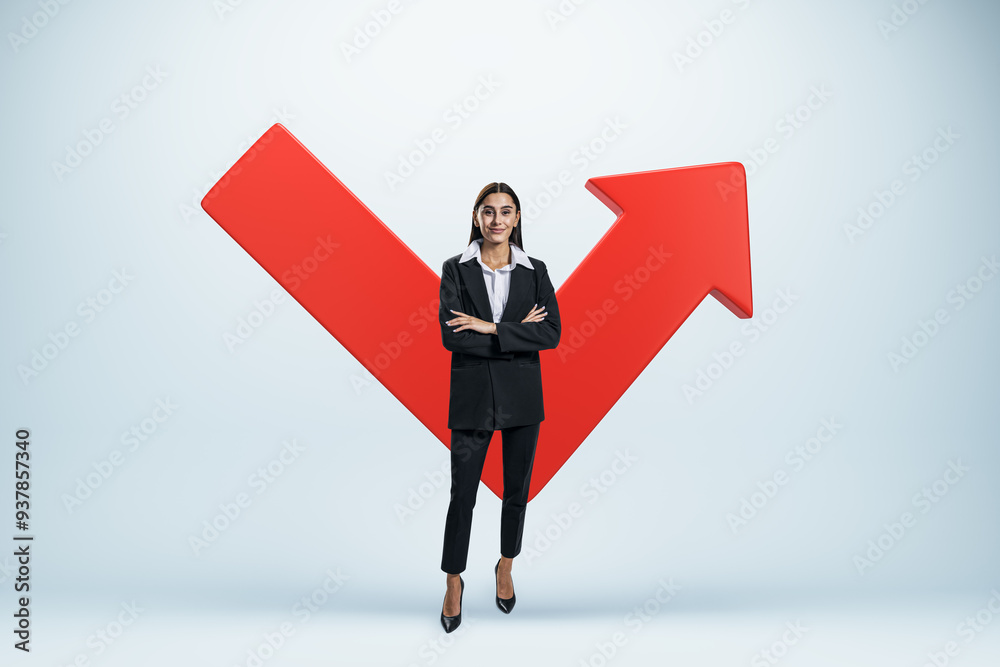 Poster businesswoman standing confidently in front of a red arrow pointing upward. 3d rendering