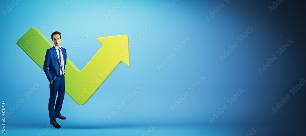 Poster businessman in blue suit standing in front of green checkmark and arrow on blue background. 3d rende