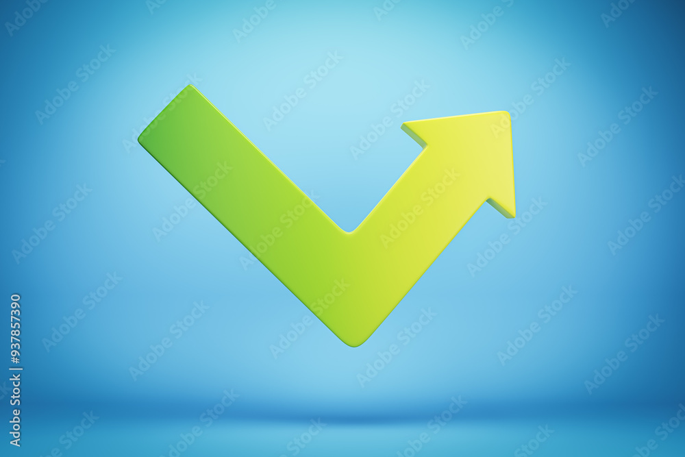 Poster green upward arrow checkmark on blue background. 3d rendering