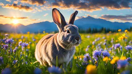 rabbit in field of wildflowers