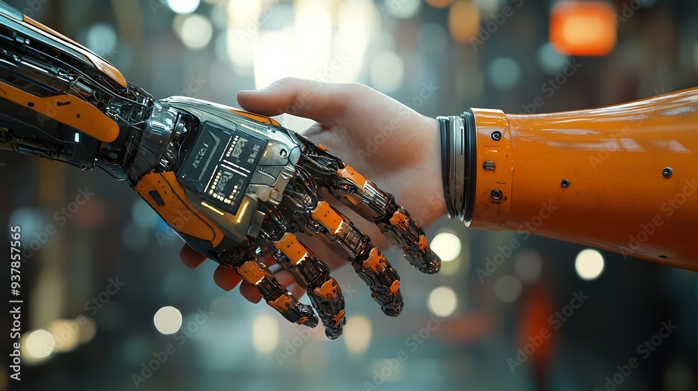 Leinwandbilder mlb mechanized industry robot arm and business handshake double exposure concept of successful agree