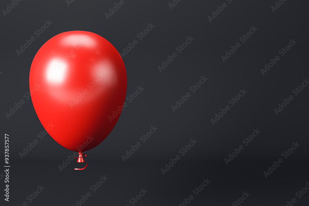 Poster Red balloon with ribbon on dark background. 3D Rendering