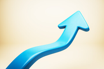 Blue arrow pointing upward on light background, symbolizing growth and success. 3D Rendering