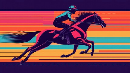 Dynamic illustration of a horse and rider racing with vibrant colors, capturing the thrill of speed and competition.