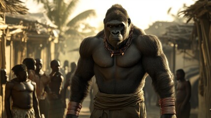 An enormous muscular creature decorated with tribal adornments walks through a bustling village, surrounded by villagers and palm trees, creating an imposing scene.