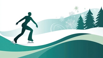 Fototapeta premium A dynamic silhouette of an ice skater gliding across a snowy landscape, surrounded by winter trees and a frosty atmosphere.