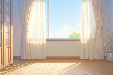 Fototapeta premium An empty room with a soft, warm light filtering in from the summer sun outside, a gentle breeze moving the curtains, anime illustration, anime flat art 