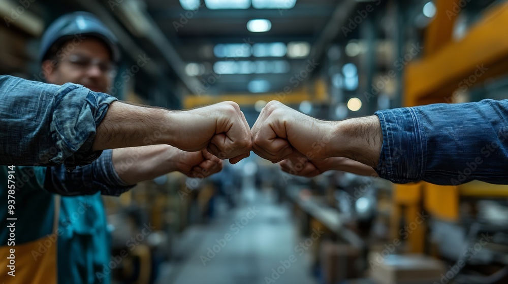 Fototapete Group of industrial factory workers bumping fists togethershowing gesture for teamwork or unity : Generative AI