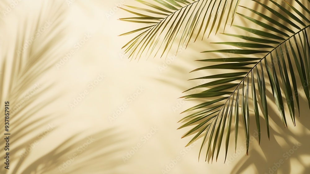 Poster natural palm leaf shadow on light beige sandy color background banner with copyspace summer minimal 