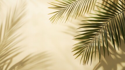 Obraz premium Natural palm leaf shadow on light beige sandy color background banner with copyspace Summer minimal concept daylight in sunny day top view plant sun shade nature environment pattern ne : Generative AI