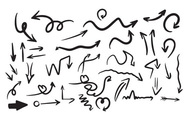 Vector black doodle arrows set. Hand-drawn marker arrows design elements. 