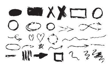 Vector black worn marker hand drawn collection set of lines, x marks, underline strokes, doodles and arrows.