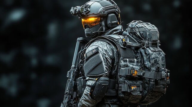 A heavily equipped and advanced soldier, wearing high-tech combat gear and night vision goggles, stands alert and prepared for action, epitomizing readiness in a tactical scenario.