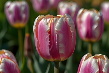 A beautiful expanse of pink and white tulips in full bloom, creating a stunning visual display in a serene field.