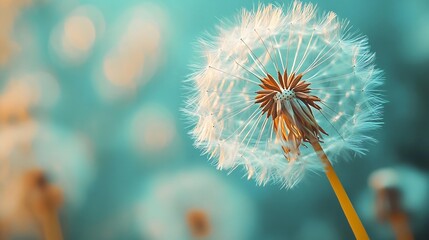 Beauty in nature dandelion seeds closeup blowing in blue green turquoise background Closeup of dandelion on meadow background artistic nature macro Spring summer natural pastel colored : Generative AI