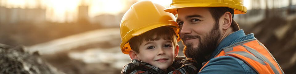 A proud Caucasian father and son team working together at a construction site, wearing hard hats