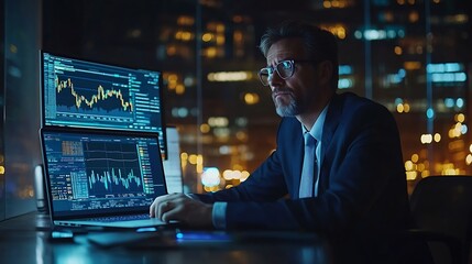 Team laptop and business people in office at night with stock market charts for corporate investment Discussion computer and financial advisors working on company profit report with de : Generative AI