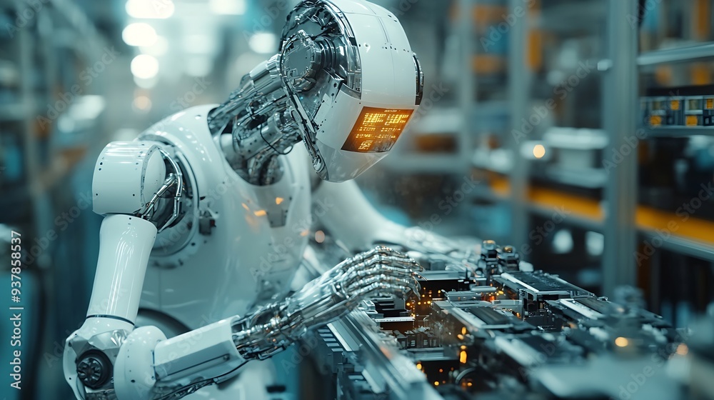 Poster mlp mechanized industry robot arm and factory worker double exposure concept of robotics technology 