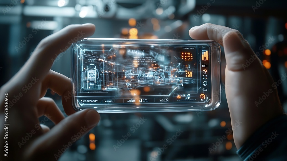 Poster Engineer uses a futuristic transparent smartphone to control robots in a smart factory Smart industry 40 concept : Generative AI