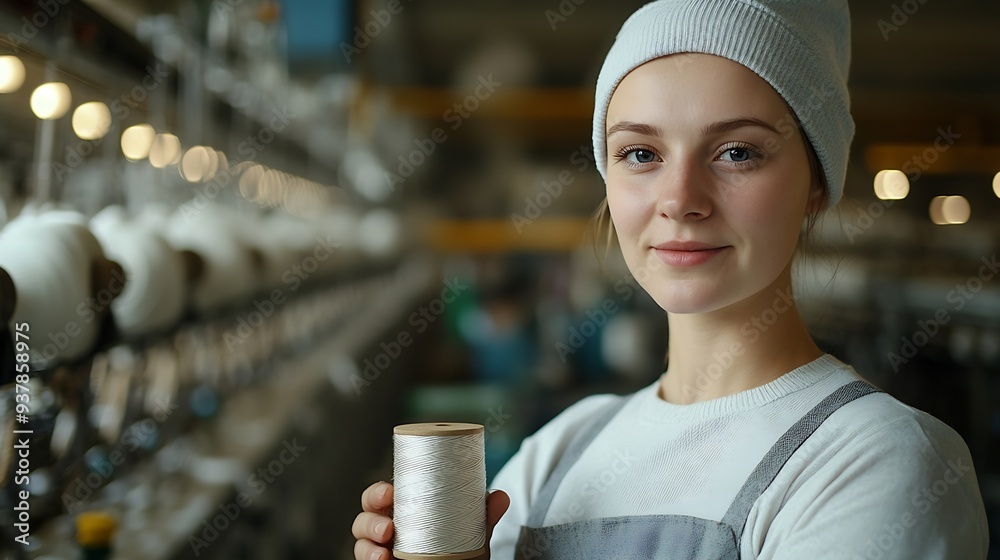 Poster portrait of experienced worker in textile factory holding thread spool and standing by industrial kn