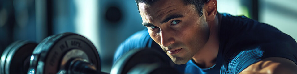 A determined Hispanic man lifting weights at the gym, focused on his fitness goals