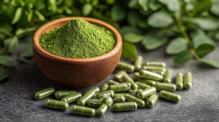 Moringa Dietary Supplements Display - Herbal Capsules and Powder on Clean Surface with Copy Space.