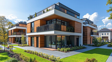 Fototapeta premium Modern residential buildings with wooden paneling on a sunny day