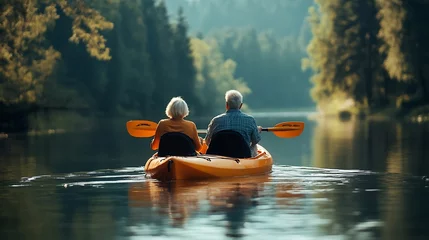 Gordijnen Lake rowing and kayak with old couple nature and retirement with happiness relax and vacation Outdoor river and mature man with senior woman freedom and trust with holiday and weekend  : Generative AI © The Little Hut