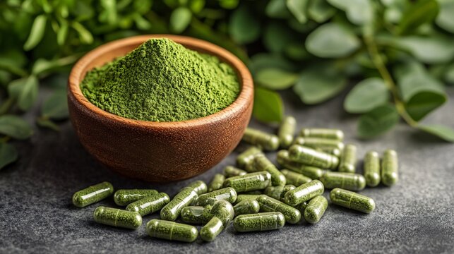 Moringa Dietary Supplements Display - Herbal Capsules and Powder on Clean Surface with Copy Space.