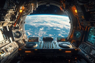 Interior of a high-tech spacecraft with elaborate control panels and Earth viewed through a large window, exemplifying modern space technology and exploration.