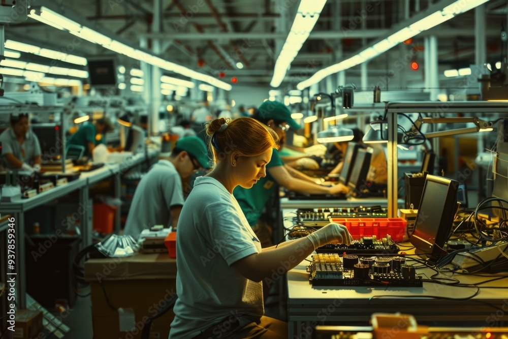 Poster group of people working on assembly line in a modern factory