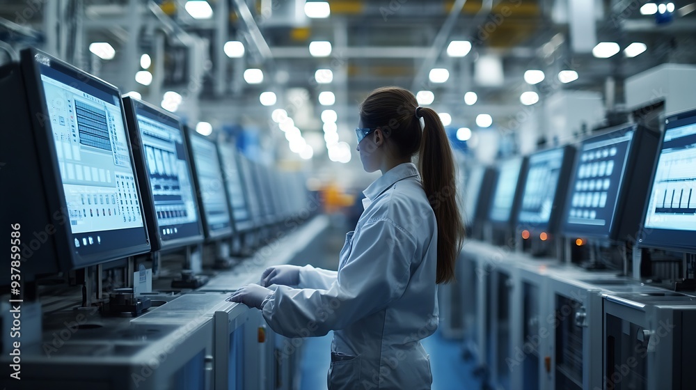 Poster Worker following factory production line uses screens with industry Internet of things Smart factory digital transformation : Generative AI