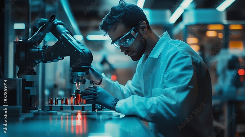 Poster Industry 40 Engineer use monitoring system software and record data of ai robotics automatic arms machine working on network in intelligent factory Ai Machine learning Digital manufact : Generative AI
