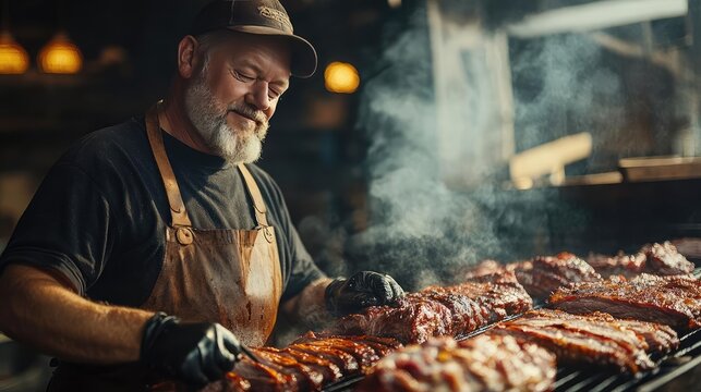 A pitmaster tending to a smoker full of meats, highlighting the skill and patience required in barbecue cooking