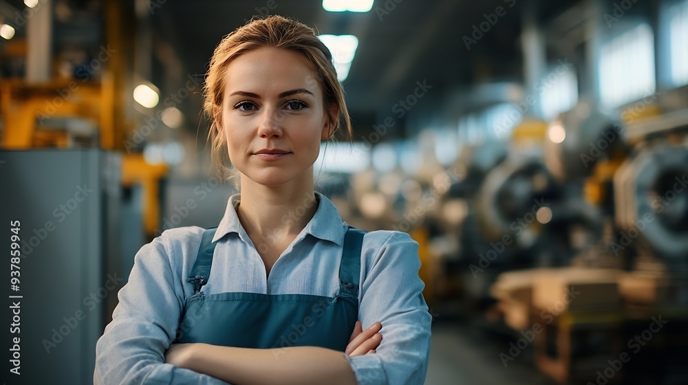 Fototapete Female project manager standing in modern industrial factory Manufacturing facility with robotics robotic arms and automation Storing products and materials in warehouse : Generative AI