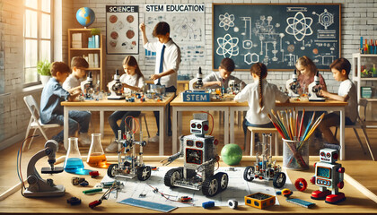 STEM Classroom with Students Building Robots and Engaging in Hands-On Learning