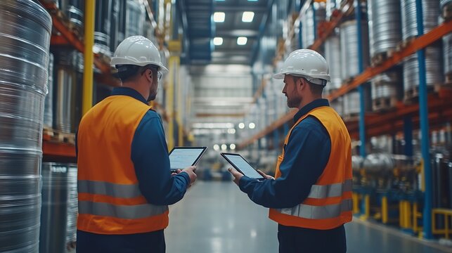 Men tablet and inspection for stock in warehouse with teamwork inventory check and logistics business Quality assurance tech and team discussion in factory for export industry and ecom : Generative AI
