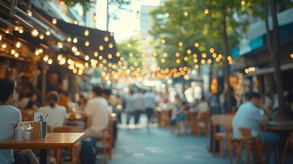 image blurry of the busy outdoor market with people walking around and sitting at tables The atmosphere is lively and bustling : Generative AI