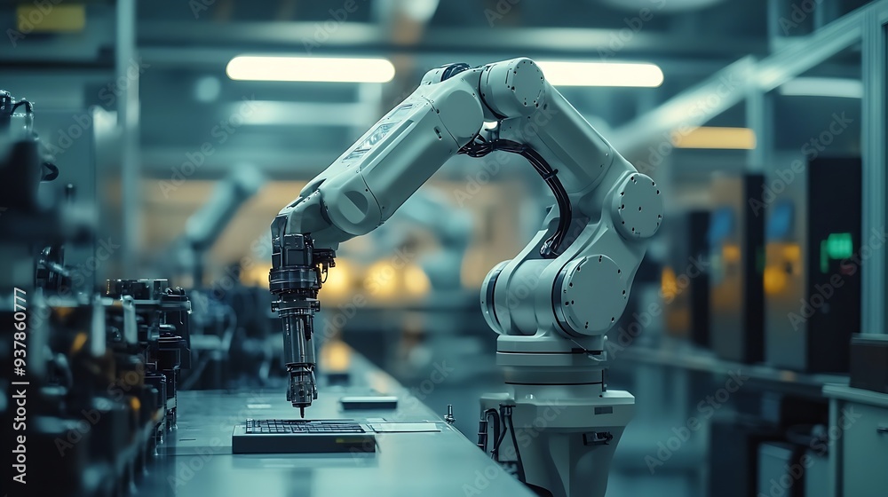 Poster Industry 40 Ai Smart industry of digital factory industrial revolution Engineer control robotics automatic arms machine with monitoring Ai system software Digital manufacturing operati : Generative AI