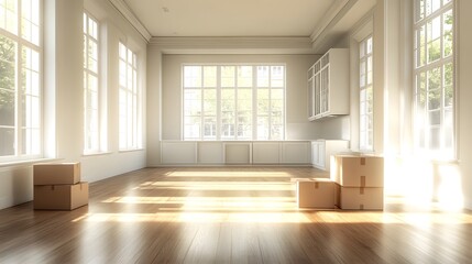 Bright empty room, stacked cardboard boxes, polished hardwood floor, sunlit interior, white walls, modern kitchen in background, minimalist design, moving day concept.
