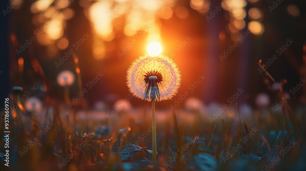 Poster Big white dandelion in a forest at sunset Macro image shallow depth of field Abstract summer nature background : Generative AI