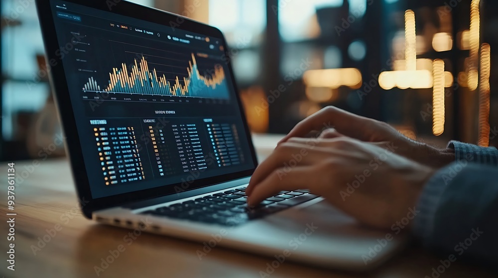 Aufkleber Businessman using laptop computer analyzing sales data and financial report business growth graph chart digital marketing planning and strategy financial report business finance and in : Generative AI