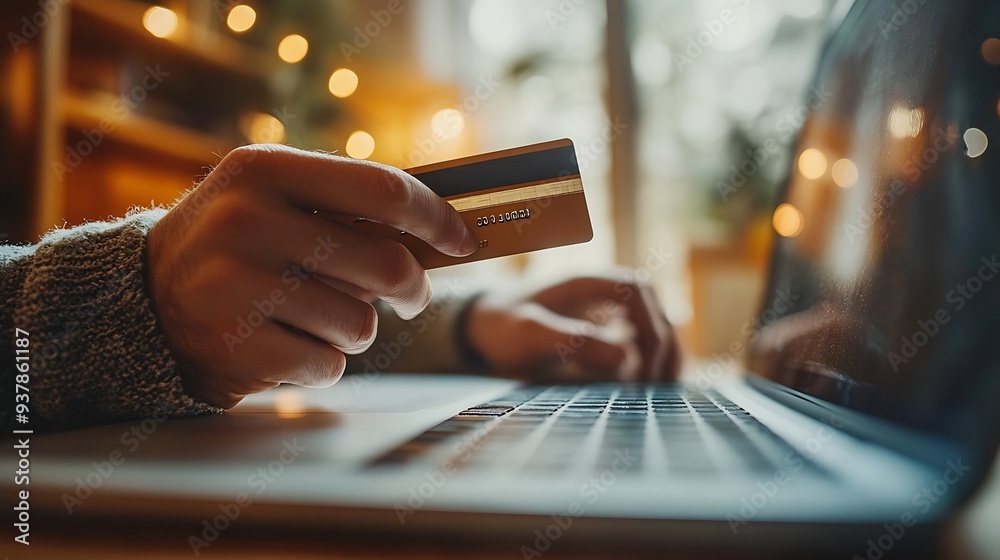 Poster a man is holding a credit card in front of a laptop concept of financial responsibility and the impo