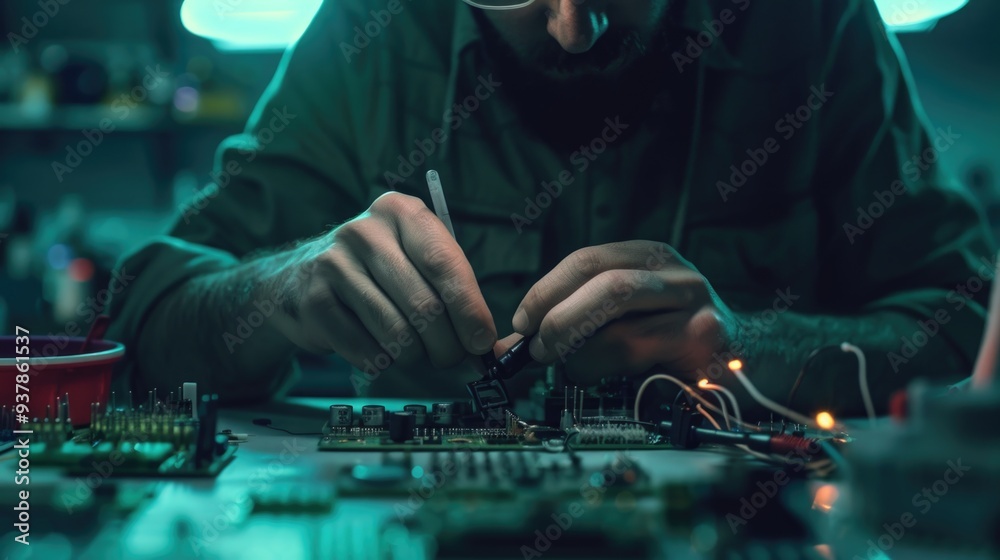 Aufkleber a person assembling electronic components on a printed circuit board