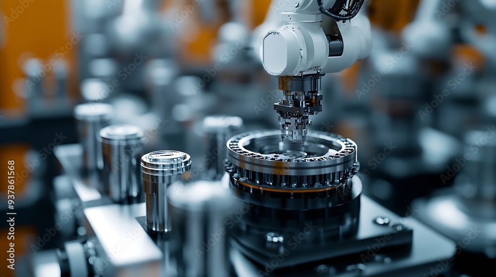 Poster MLP Mechanized industry robot and robotic arms for assembly in factory production Concept of artificial intelligence for industrial revolution and automation manufacturing process : Generative AI