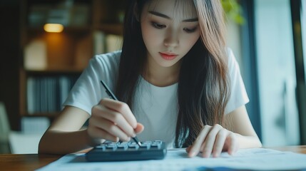 Business financing accounting banking concept Businesswoman hand doing finances and calculate on desk about cost at home office Woman working on desk with using calculator finance acco : Generative AI