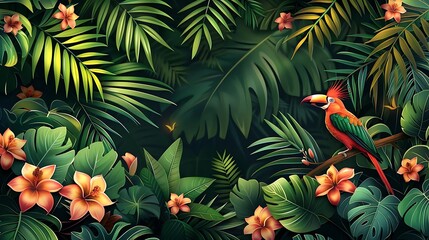 A vibrant jungle scene featuring lush green leaves, colorful flowers, and a parrot perched on a branch.